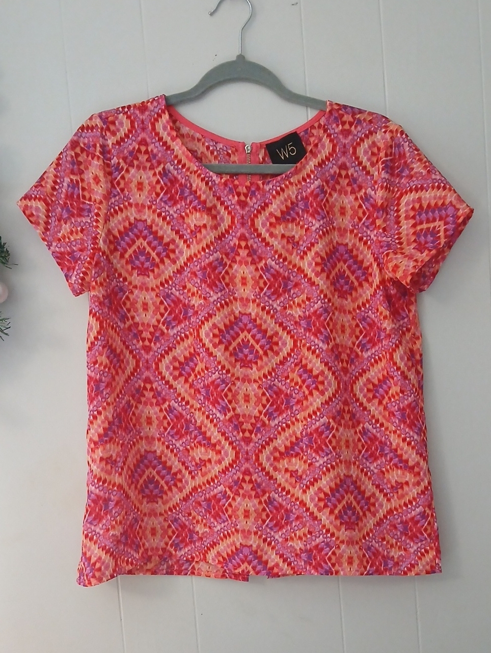 W5 Women's Pink & Orange Short Sleeve Printed Top - Picture 2 of 5